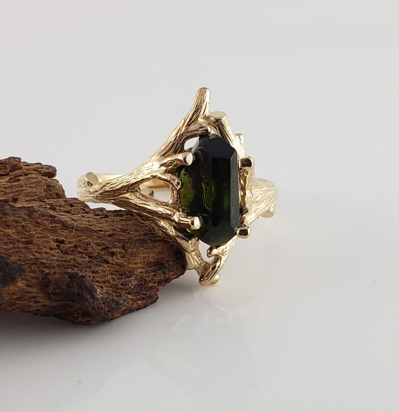 Raw Hand Cut Polished Green Tourmaline Engagement Ring, Bridal Set, Anniversary Ring in a 14k Yellow Gold Twig Setting by Dawn image 4