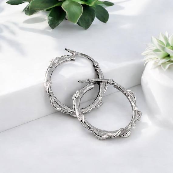 Sterling Silver Leaf Hoop Earrings – Floral Branch Design, Everyday Jewelry