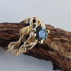 Teal Sapphire Engagement Ring,  Leaf Twig and Vine Engagement Ring, Hand Sculpted Sapphire Twig Ring, Green Sapphire Ring