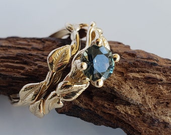 Teal Sapphire Engagement Ring,  Leaf Twig and Vine Engagement Ring, Hand Sculpted Sapphire Twig Ring, Green Sapphire Ring