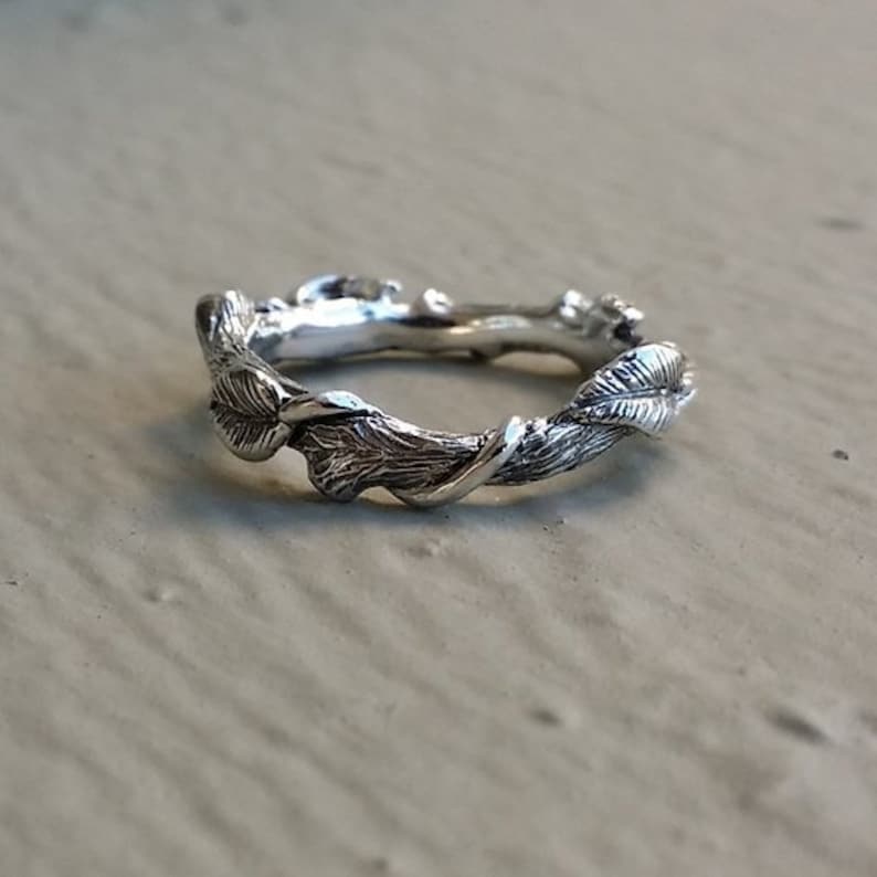 Hand Sculpted Silver Leaf Ring Vine Ring Sterling Silver Ring Feather Ring Hematite Ring image 8
