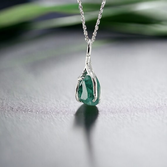 May Birthstone Jewelry- Raw Polished Emerald Twig Pendant - Unique Gemstone Necklace - Emerald Necklace by DV Jewelry Designs
