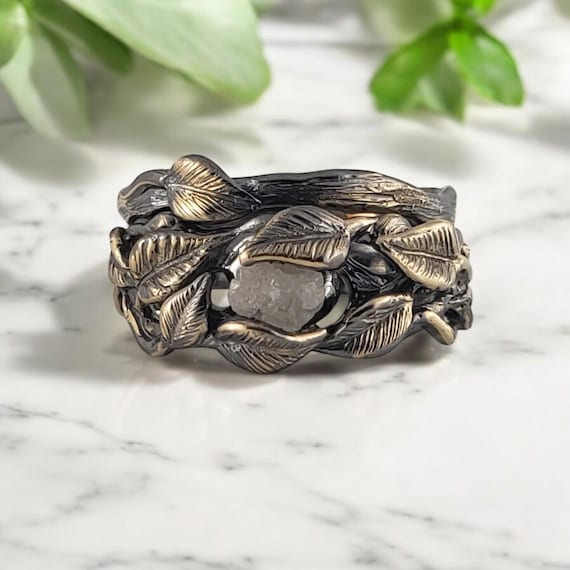 Black Rhodium Raw Diamond Tree Branch Wedding Band - Unique Uncut Engagement Ring