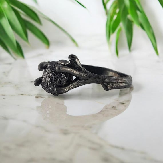 Unique Raw Black Diamond Twig Engagement Ring Set in 14k Gold with Ruthenium Finish by Dawn Vertrees