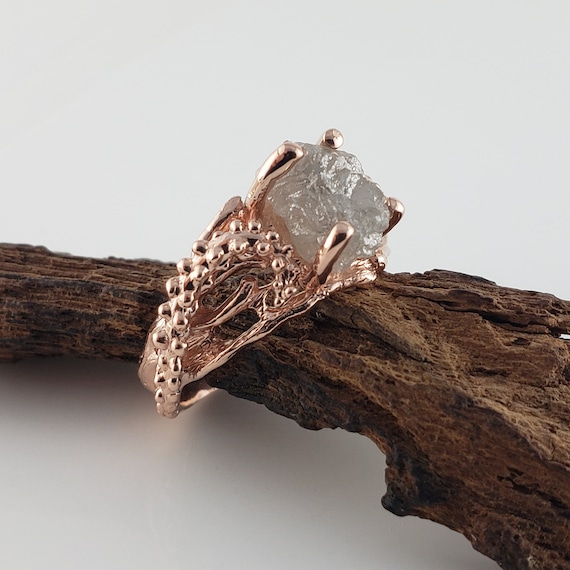 Rough Diamond Starfish and Coral Ring, Ocean Bridal Set in Solid Gold by DV Jewelry Designs