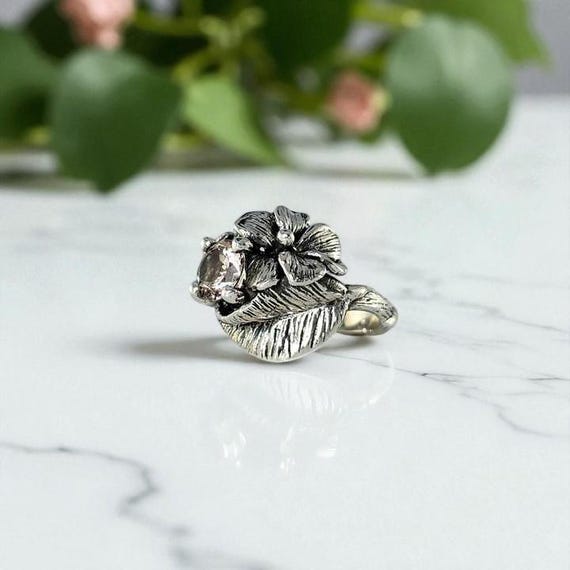 Handcrafted Hibiscus Flower Ring with Pink Morganite Gemstone in Sterling Silver