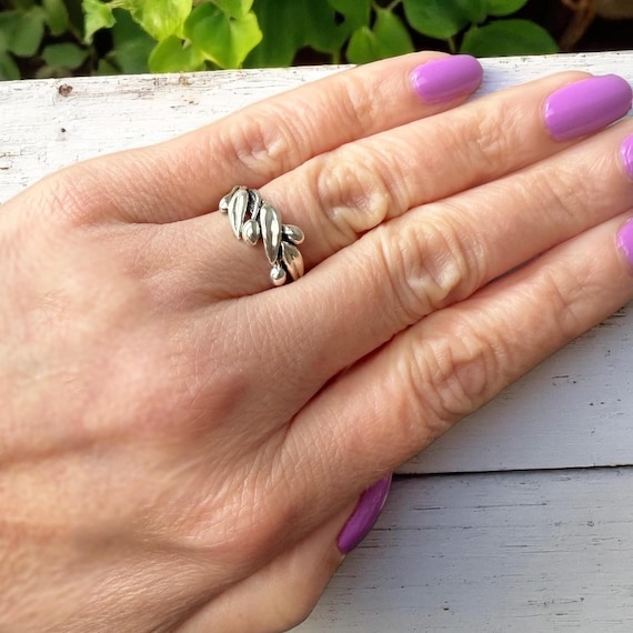 Olive Branch Leaf Statement Ring - Oxidized Sterling Silver Wedding Band - Handmade