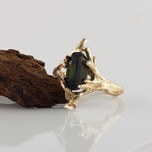 Raw Hand Cut Polished Green Tourmaline Engagement Ring, Bridal Set, Anniversary Ring in a 14k Yellow Gold Twig Setting by Dawn image 8