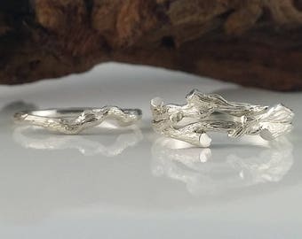 Unisex Silver Branch Wedding Band Set, Twig Engagement Ring, Hand sculpted by DV Jewelry Designs