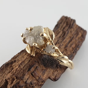 Rough Diamond Leaf Engagement Ring in Solid Gold, Three Rough Diamonds by DV Designs