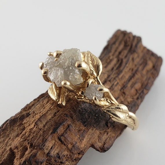 Rough Diamond Leaf Engagement Ring in Solid Gold Three Rough Diamonds by DV Designs Etsy