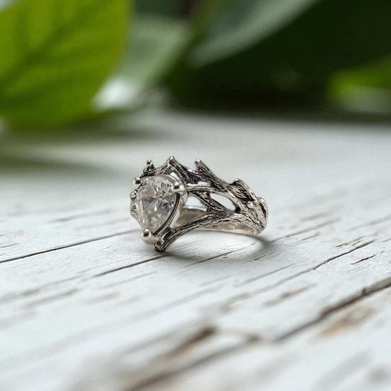 Pear-shaped Moissanite Engagement Ring - Gothic Branch Style Jewelry - Halloween Wedding -Gift - Handmade