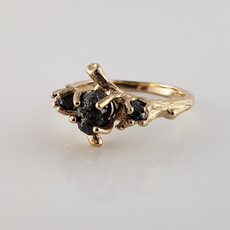 14k Yellow Gold 3 Black Rough Raw Diamond Engagement Ring by Dawn Vertrees image 4