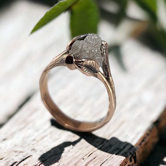 Large Floating Raw Rough Diamond Engagement Ring in 14k Rose Gold, Antiqued Finish, Wedding Ring by DV Jewelry Designs