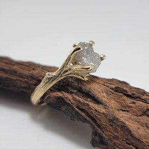 Rough Diamond Engagement Ring in 14k Yellow Gold, Twig and Branch Style Engagement Ring, Raw Diamond Ring, Unique Engagement Ring