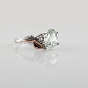 Hand Cut Aquamarine, 14k White Gold Twig Engagement Ring with 14k Rose Gold Leaves, Two Tone Wedding Ring image 9