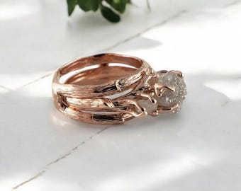 14k Rose Gold Rough Diamond Engagement Ring – Twig Bridal Set, Uncut Diamonds