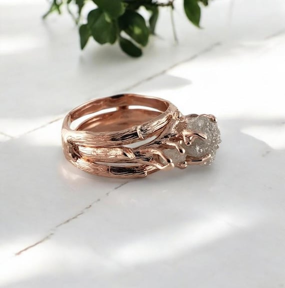 14k Rose Gold Rough Diamond Engagement Ring with Interlocking Ring Guard - 3 Diamond Ring - Anniversary Ring - Wedding Ring