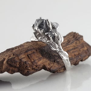 Leaf and Twig Rough Salt and Pepper Raw Diamond Engagement Ring, Three Diamonds in Solid Gold by DV Jewelry Designs image 2