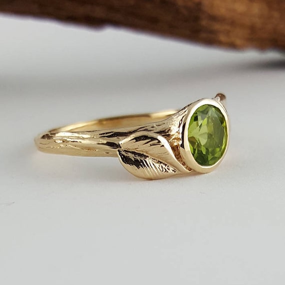 Peridot Gemstone Engagement Ring - Leaf Twig Design, Promise Ring, Polished Gold