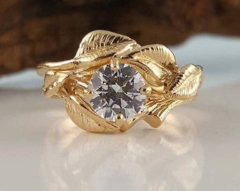 Brilliant Moissanite Leaf and Twig Engagement Ring in 14k or 18k, Branch Style wedding Ring by Dawn Vertrees