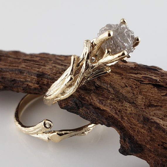14k Yellow Gold Twig Engagement Set 1.75ct Rough Diamond - Raw Diamond Ring, Unique Engagement Ring