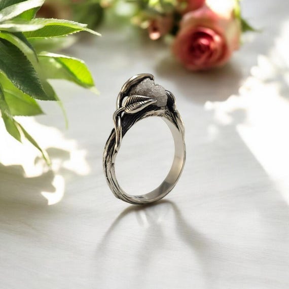Raw Diamond Ring - Engagement Ring, Nature-Inspired Leaf & Flower One-of-a-Kind Design, Silver Ring, Eco-Friendly Jewelry Gift