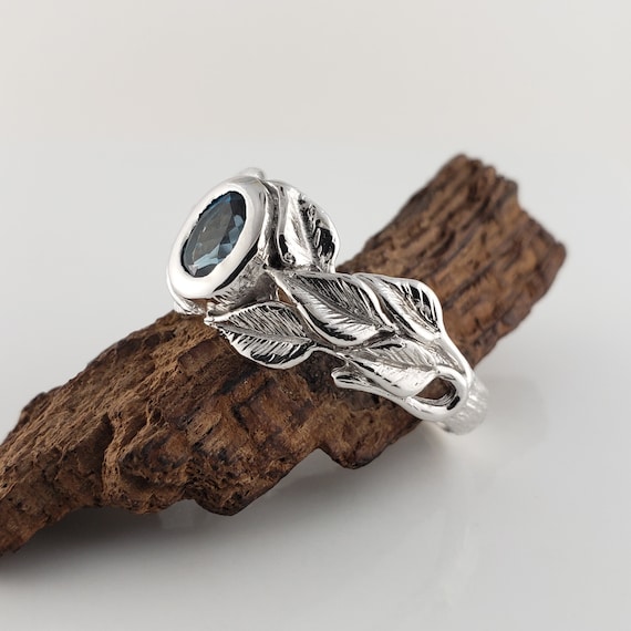 Leaf and Twig Gemstone Engagement Ring, Blue Topaz, Silver Birthstone Wedding Ring by DV Designs