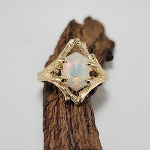 Ethiopian Hexagon Opal Twig and Branch Engagement Ring in Solid Yellow Gold, by DV Jewelry Designs image 1