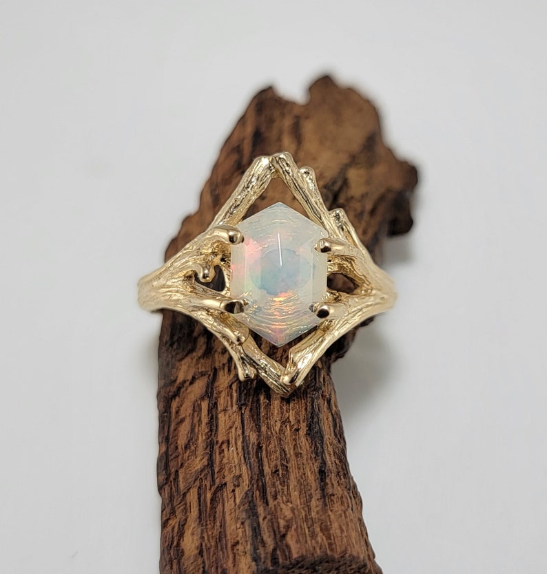 Ethiopian Hexagon Opal Twig and Branch Engagement Ring in Solid Yellow Gold, by DV Jewelry Designs image 1