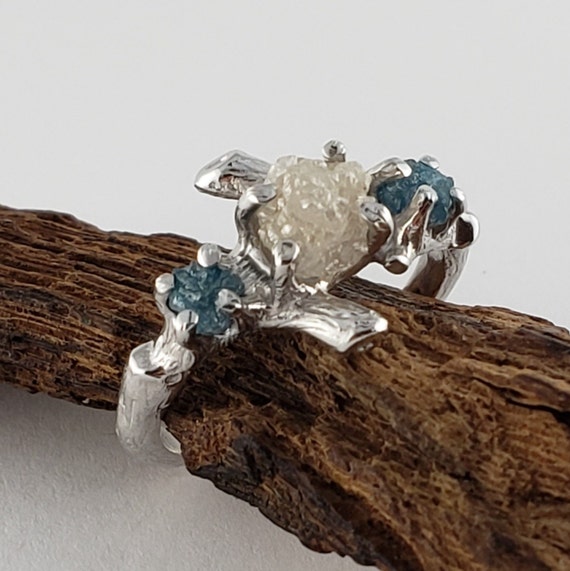 Raw  Diamond Ring - Gold Twig Engagement Ring, White Center Diamond with Blue Accent Diamonds, Sculpted wedding ring by Dawn Vertrees