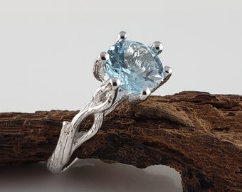 Aquamarine Single Leaf Vine Engagement Ring 6 Prong 14k White Gold - by DV Designs