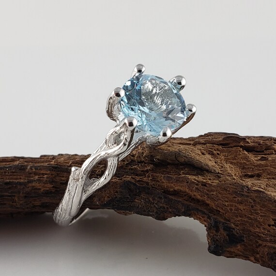 Aquamarine Single Leaf Vine Engagement Ring 6 Prong 14k White Gold - by DV Designs