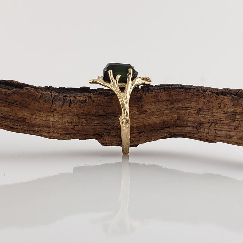 Raw Hand Cut Polished Green Tourmaline Engagement Ring, Bridal Set, Anniversary Ring in a 14k Yellow Gold Twig Setting by Dawn image 6
