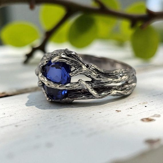 Blue Sapphire Gemstone Engagement Ring - Hand Sculpted, Unique Wedding Band, Ideal Anniversary Gift by DV Jewelry Designs