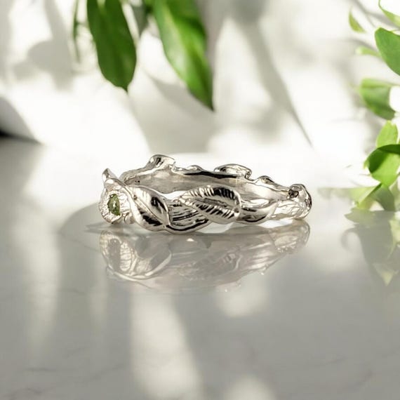 Peridot Sterling Silver Leaf Ring: Hand-sculpted Twig Vine Band - The Maddox Ring