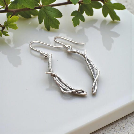 Sterling Silver Twig Earrings – Nature Woven Botanical Dangle Earrings, Valentine's Day Gift, Jewelry