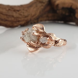 Rough Diamond Leaf Engagement Ring in 14k Gold, Three Rough Diamonds with Eight Leaves by DV Jewelry Designs