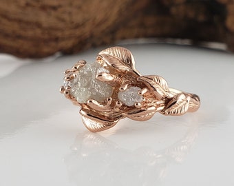 Rough Diamond Leaf Engagement Ring in 14k Gold, Three Rough Diamonds with Eight Leaves by DV Jewelry Designs