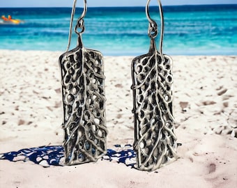 Ocean and Beach Style Earrings - Sea Fan Coral Beach Dangling Earrings Hand-sculpted by DV Jewelry Designs