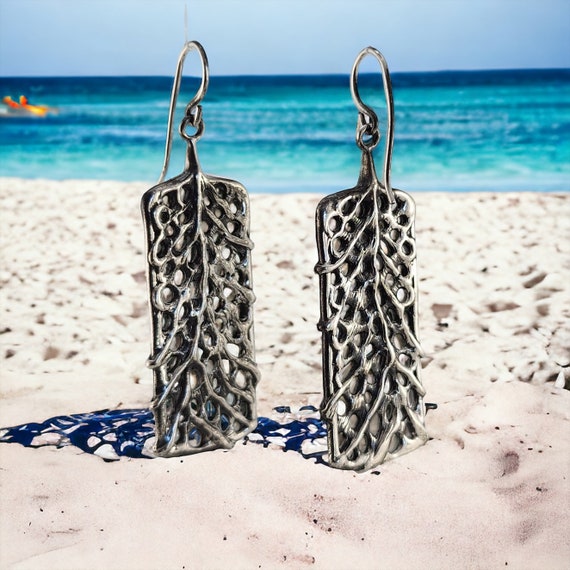 Ocean and Beach Style Earrings - Sea Fan Coral Beach Dangling Earrings Hand-sculpted by DV Jewelry Designs