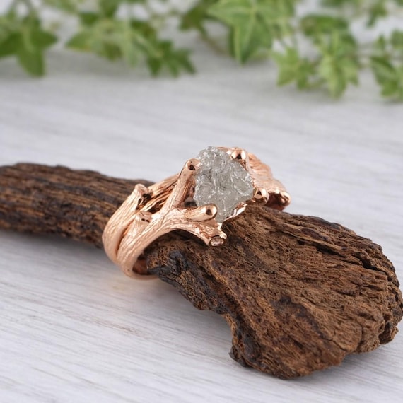 14k Rose Gold Twig Bridal Set, Raw Diamond Engagement Ring