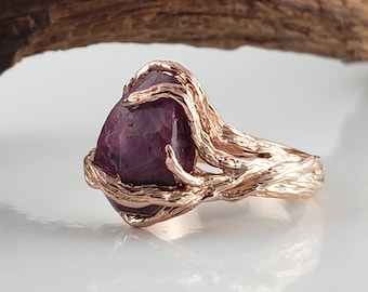 Raw Ruby Branch and Twig Engagement Ring in 14k Rose Gold, Anniversary Ring, Ethically Sourced Hand Sculpted by DV Jewelry Designs