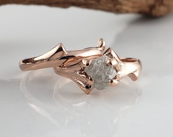 Rough Diamond Twig Engagement Ring in Solid Gold, Raw Diamond Bridal Set , Diamond Ring by DV Jewelry