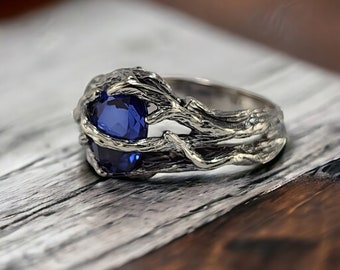 Blue Sapphire Gemstone Engagement Ring - Hand Sculpted, Unique Wedding Band, Ideal Anniversary Gift by DV Jewelry Designs