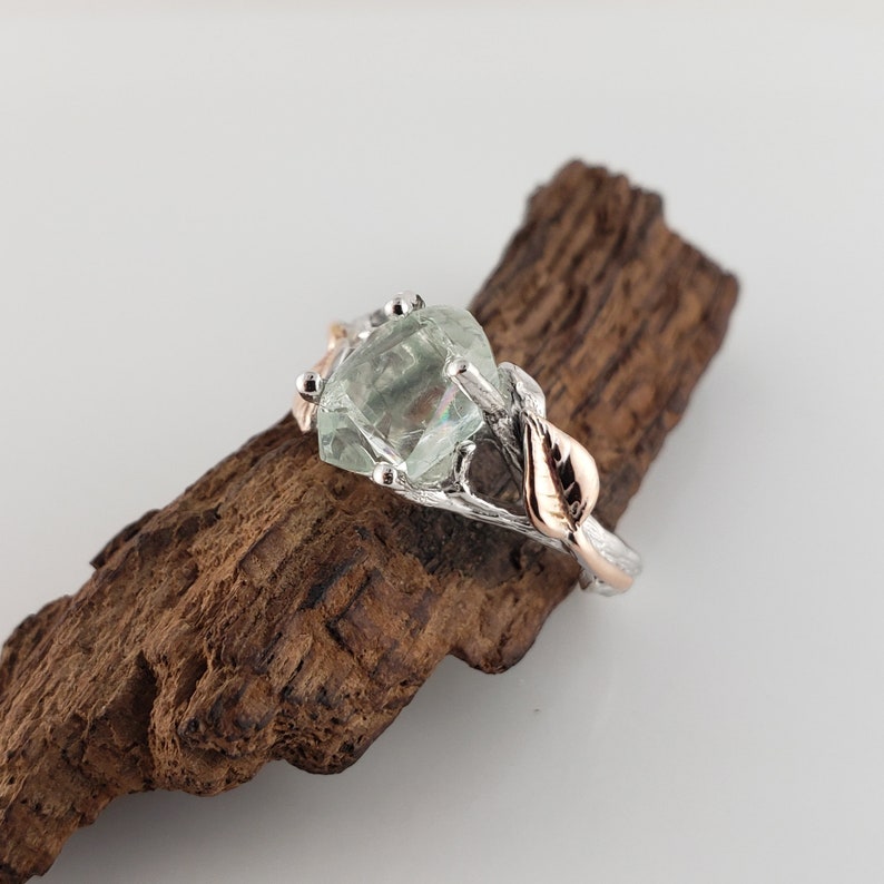 Hand Cut Aquamarine, 14k White Gold Twig Engagement Ring with 14k Rose Gold Leaves, Two Tone Wedding Ring image 4