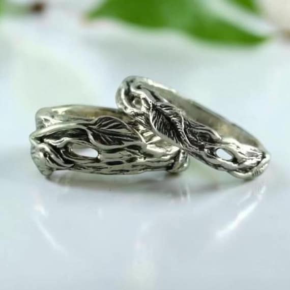 Twig and Leaf Wedding Band Set: Sculpted Sterling Silver Rings