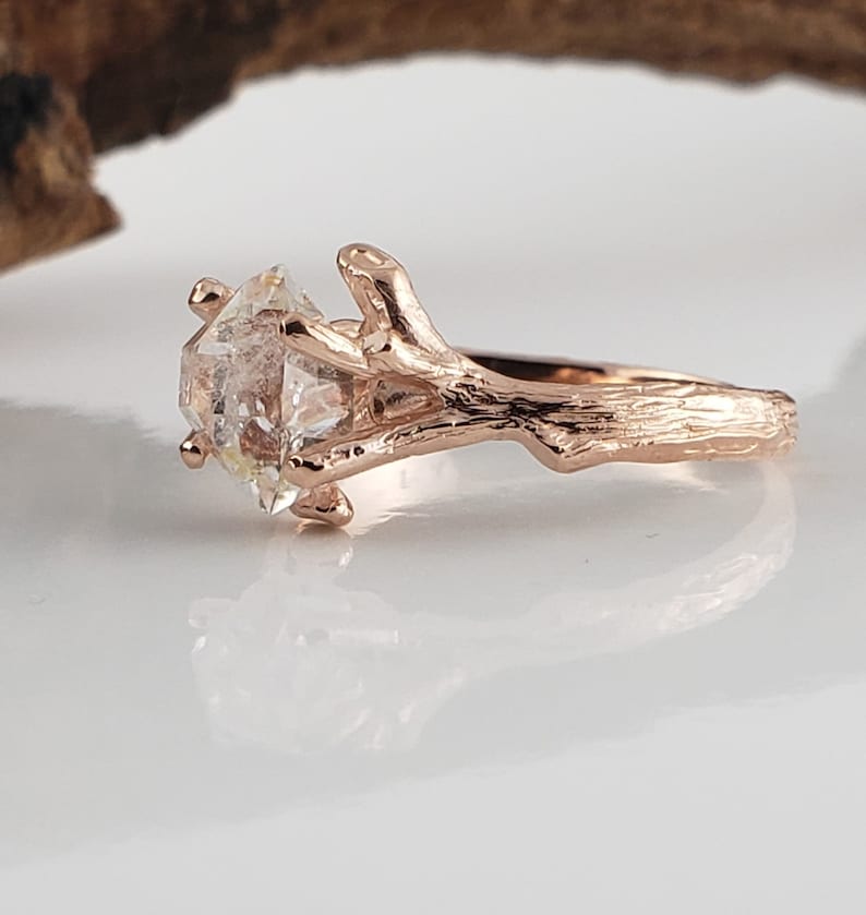 Raw Uncut Herkimer Crystal Diamond Engagement Ring in 14k Rose Gold Ring Setting Raw Diamond Ring image 9