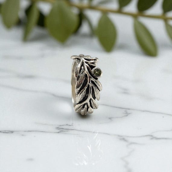Olive Branch Ring with Peridot Gemstone - Unisex Handcrafted Jewelry, Natural Silver Nature-Inspired Ring for Peace & Prosperity