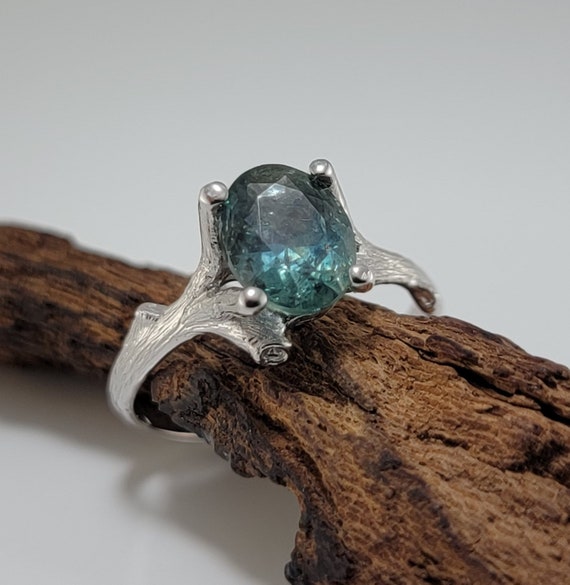 Teal Sapphire Twig Engagement Ring in White Gold - Solitaire or Bridal Set - by DV Designs
